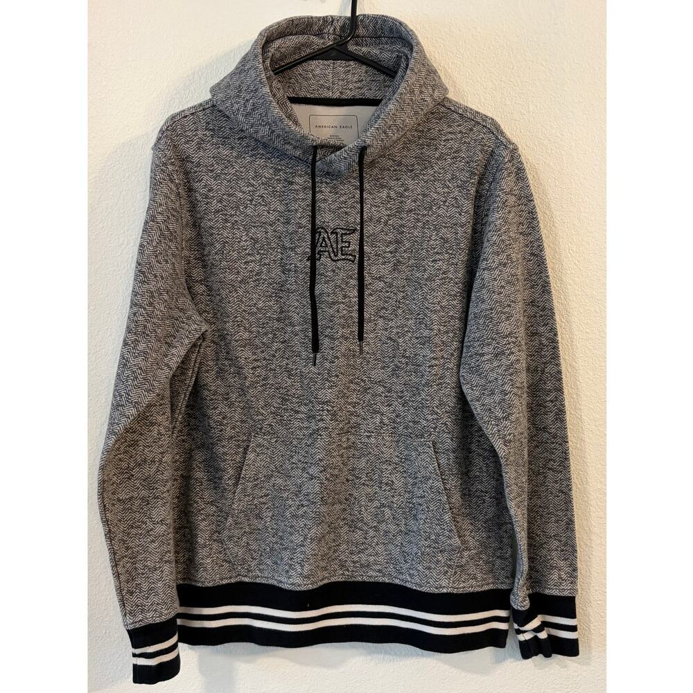 American Eagle Hoodie Men's Small Gray Herringbone Pullover Logo Sweatshirt
